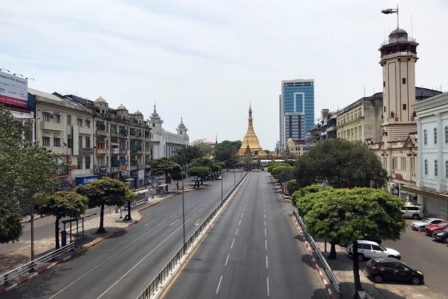 Le quartier de la pagode Sule, à Yangon, entierement vide durant le confinement