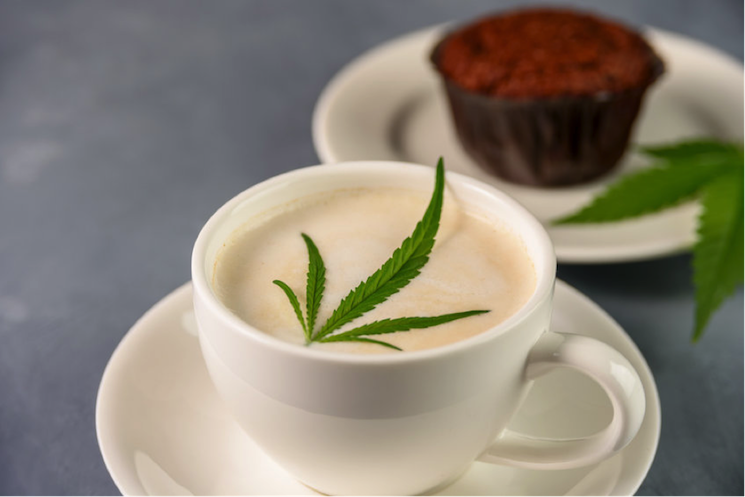 tasse de café avec feuille de CBD