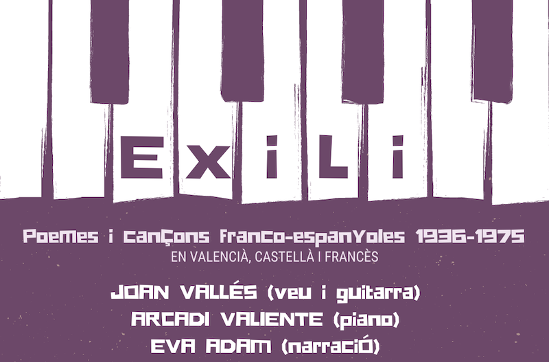 affiche en blanc et violet d'Exili, poèmes et chansons franco-espagnoles au Centre del Carme