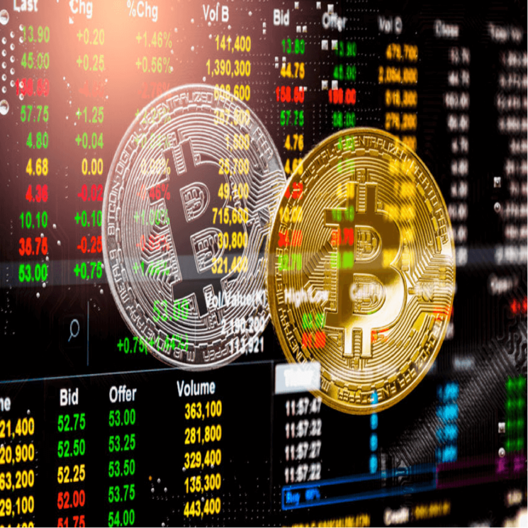 deux pièces de bitcoin avec visuel boursier