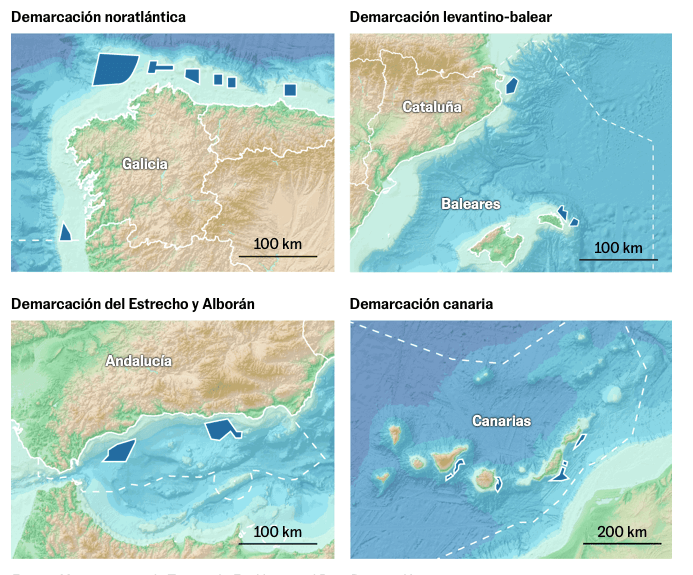 carte des parcs éoliens marins prévus en Espagne