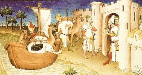 Miniature du livre "Les voyages de Marco Polo" ("Il milione"). L'original a été publié au XIIIe siècle.