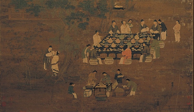 Réunion de lettrés sous les arbres, autour de l'empereur Huizong (1100-1126), au cours de laquelle du thé est servi aux convives. Image : Musée national du Palais, Taipei.